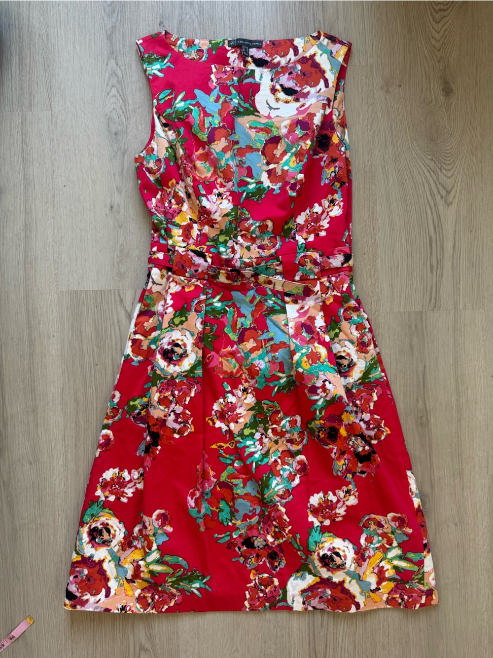 Adrianna Papell Red Floral Watercolor Sleeveless Belted Fit-and-Flare Dress 10